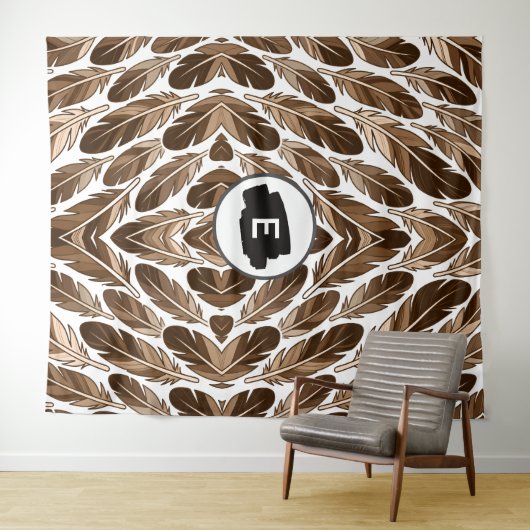 Custom Monogram Boho Tapestry – Brown Feathers タペストリー (インサイチュ(横))