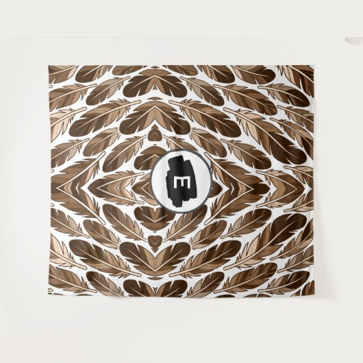 Custom Monogram Boho Tapestry – Brown Feathers タペストリー (正面(横))