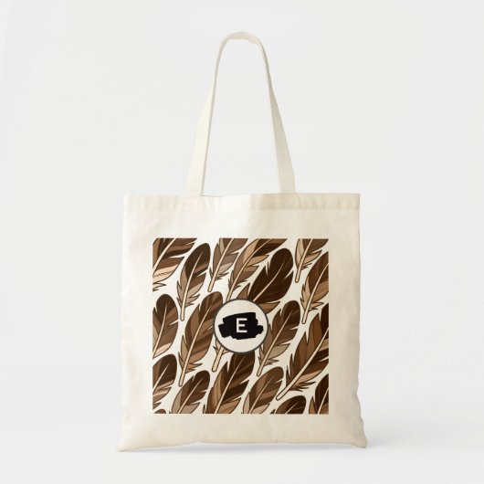 Custom Monogram Boho Tote Bag – Brown Feathers トートバッグ (正面)
