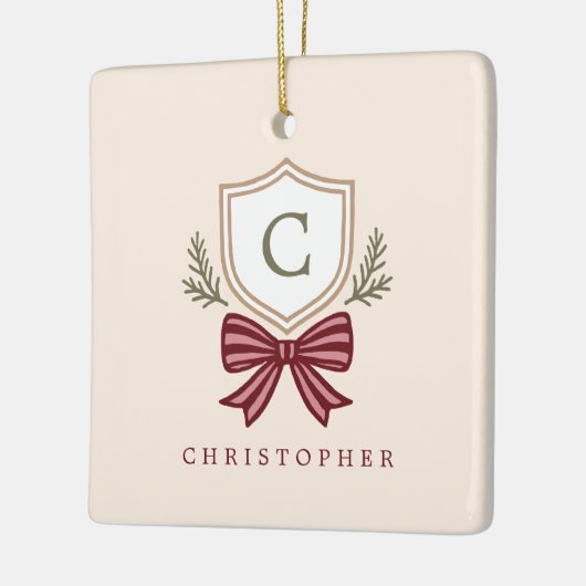 Custom Monogram Crest Bow Christmas セラミックオーナメント (左)
