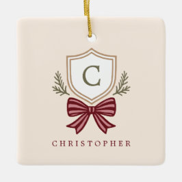 Custom Monogram Crest Bow Christmas セラミックオーナメント
