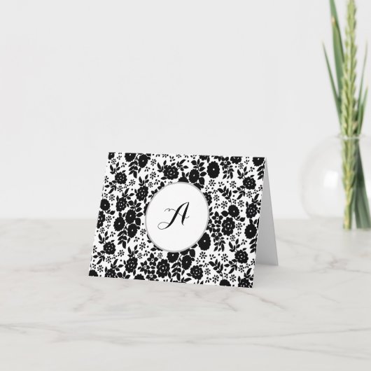Custom Monogram Flower Pattern Black and White サンキューカード (正面)