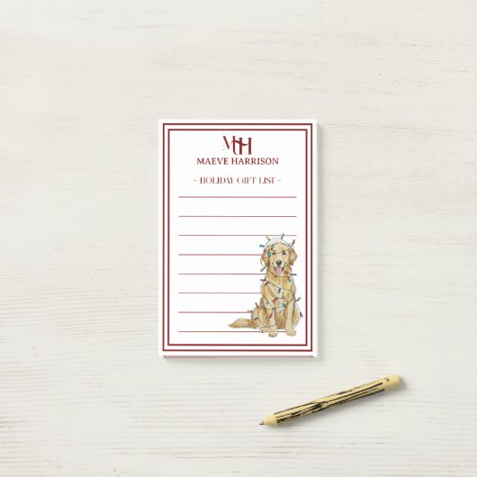 Custom Monogram Golden Retriever Holiday Gift List ポストイット (デスク上)