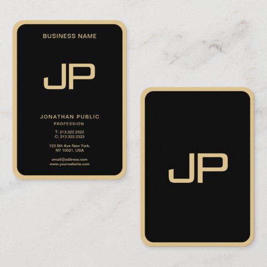 Custom Monogram Initial Elegant Black And Gold 名刺 (正面/裏面)