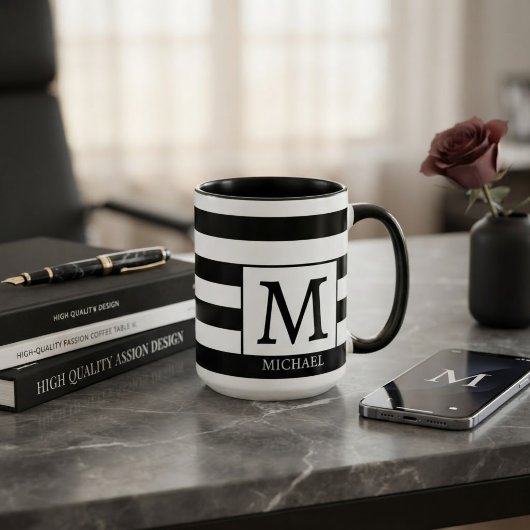 Custom Monogram Initial Name Black White Stripes マグカップ