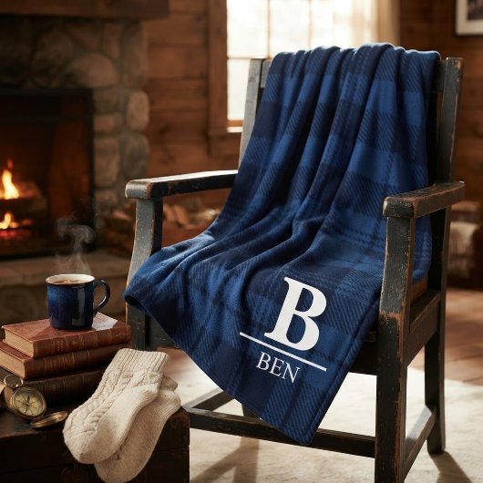 Custom Monogram Initial & Name Blue Buffalo Plaid フリースブランケット