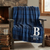 Custom Monogram Initial & Name Blue Buffalo Plaid フリースブランケット
