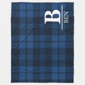 Custom Monogram Initial & Name Blue Buffalo Plaid フリースブランケット (正面)