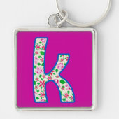 Custom Monogram K Keychain, Pink Floral Pattern キーホルダー (正面)