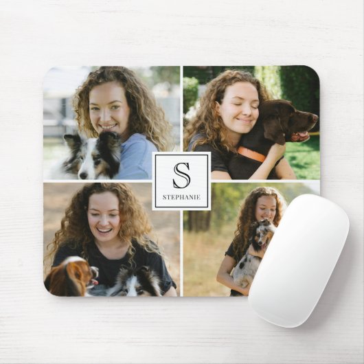 Custom Monogram & Name 4 Photo Collage Template マウスパッド (マウス)