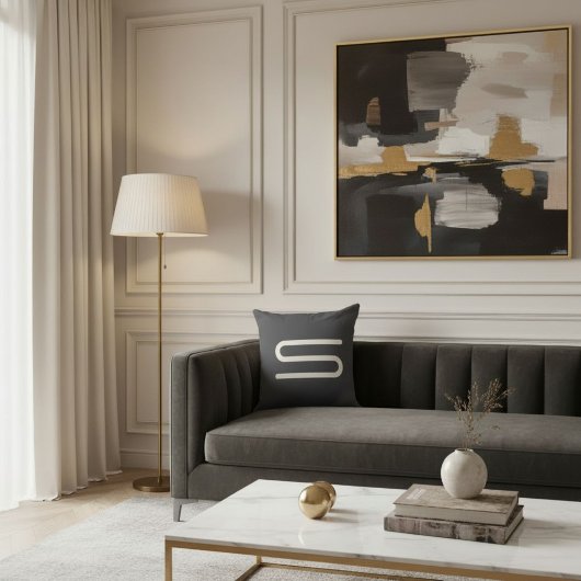  Custom monogram name black and white typography クッション