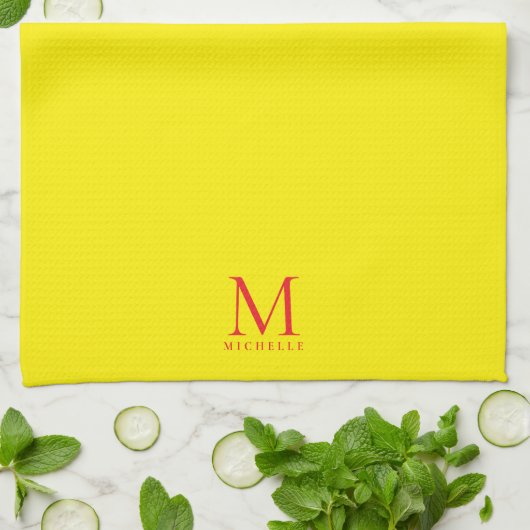Custom Monogram Name Elegant Bright Yellow & Red キッチンタオル (折り畳み)
