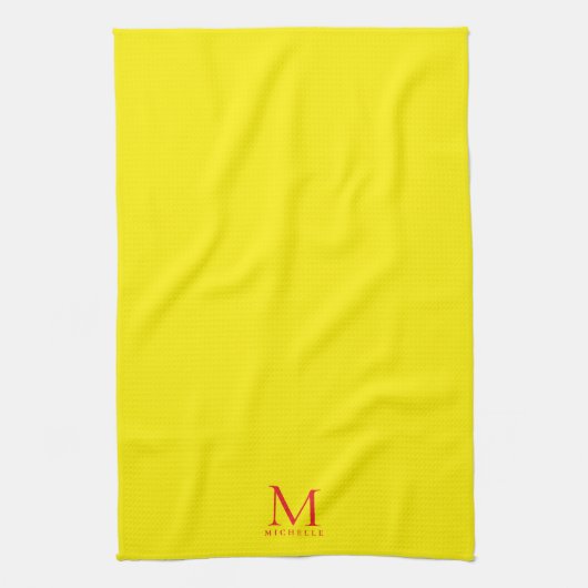 Custom Monogram Name Elegant Bright Yellow & Red キッチンタオル (縦)