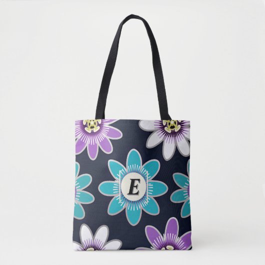 Custom Monogram Passion Flower Floral Shoulder トートバッグ (正面)