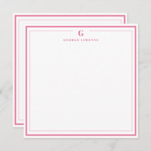 Custom Monogram Pink Border Stationery  ノートカード (正面/裏面)
