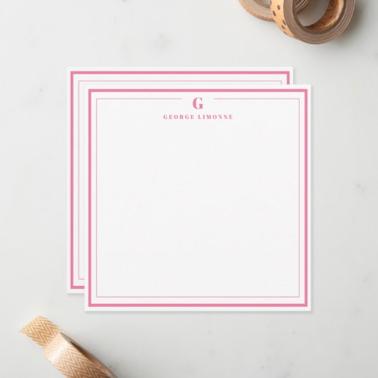 Custom Monogram Pink Border Stationery  ノートカード (正面/裏面インサイチュ)