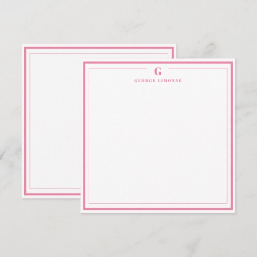 Custom Monogram Pink Border Stationery  ノートカード (正面/裏面)