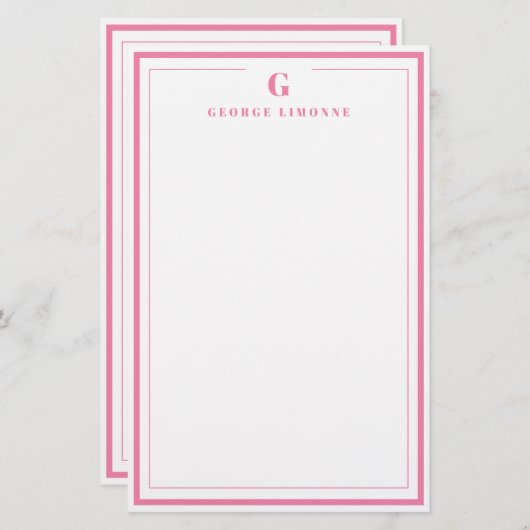 Custom Monogram Pink Border Stationery 便箋 (正面/裏面)