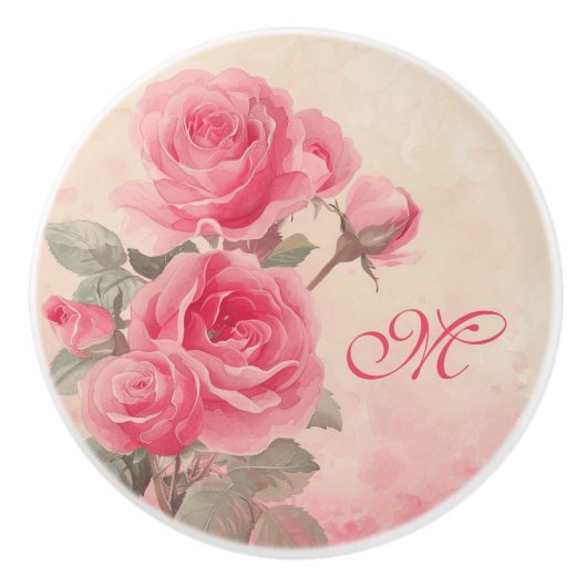 Custom Monogram Pink Floral Ceramic Knob セラミックノブ (正面)