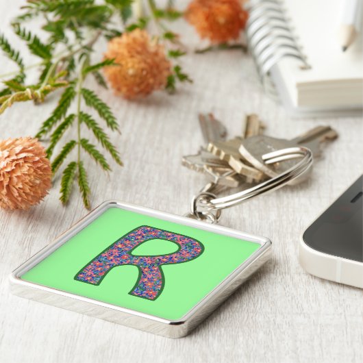 Custom Monogram R Keychain, Ditsy Floral Pattern キーホルダー (側面)