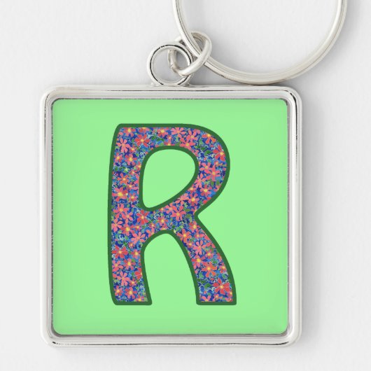 Custom Monogram R Keychain, Ditsy Floral Pattern キーホルダー (正面)