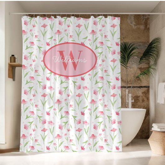 Custom Monogram Shower Curtain Pink Flowers Cute シャワーカーテン