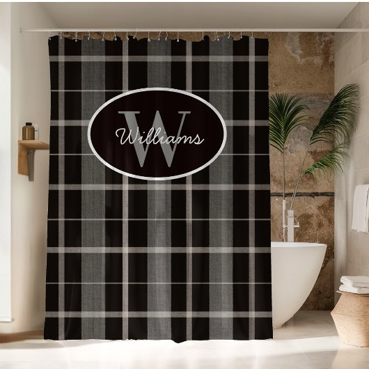 Custom Monogram Shower Curtain Plaid Gray Black シャワーカーテン