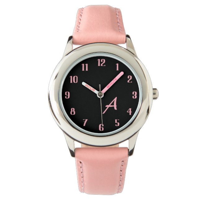 Custom Monogram Stylish Black And Pink Dial Girls 腕時計 (正面)