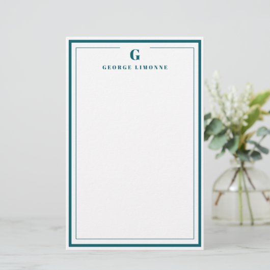 Custom Monogram Teal Blue Border Stationery  便箋 (スタンド正面)