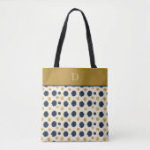 Custom Monogram with Navy & Mustard Polka Dot トートバッグ (正面)