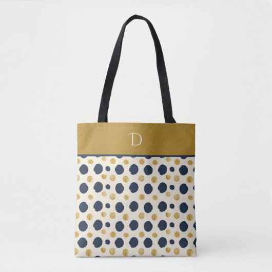 Custom Monogram with Navy & Mustard Polka Dot トートバッグ (正面)