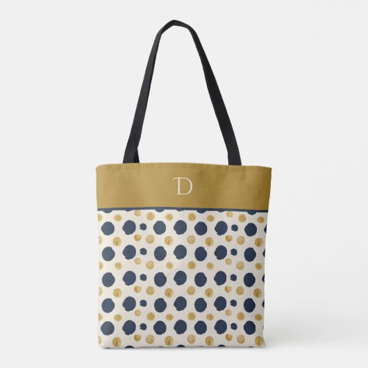 Custom Monogram with Navy & Mustard Polka Dot トートバッグ (裏面)