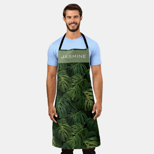 Custom Monstera Leaf Tropical Pattern エプロン (着用した状態)
