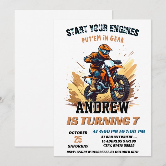 Custom Motocross Racing Dirt Adventure Birthday 招待状 (正面/裏面)