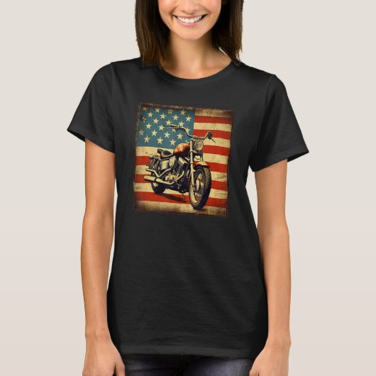 Custom Motorcycle Retro USA Flag Retro Biker Vinta Tシャツ (正面)