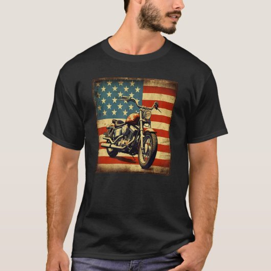 Custom Motorcycle Retro USA Flag Retro Biker Vinta Tシャツ (正面)
