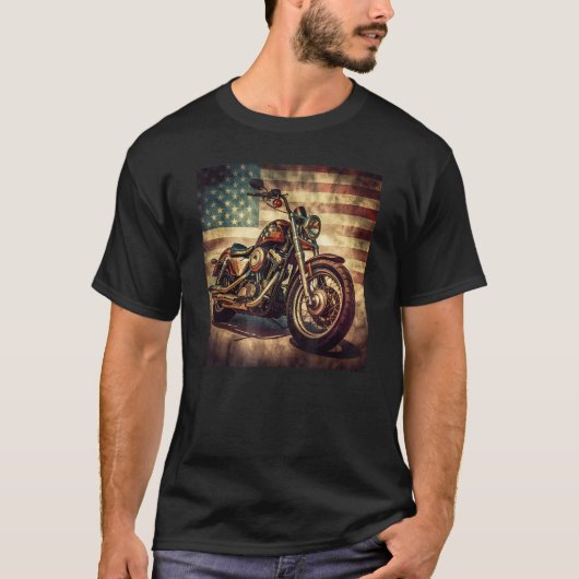 Custom Motorcycle Retro USA Flag Retro Biker Vinta Tシャツ (正面)