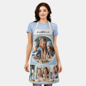 Custom Name 4 Photo Collage Elegant Blue Kitchen エプロン (着用した状態)