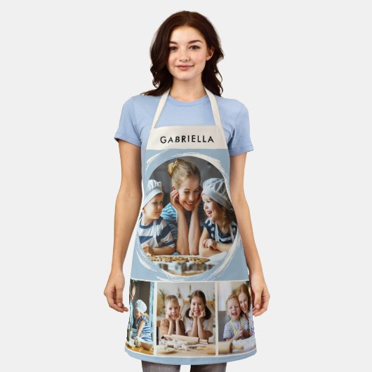 Custom Name 4 Photo Collage Elegant Blue Kitchen エプロン (着用した状態)