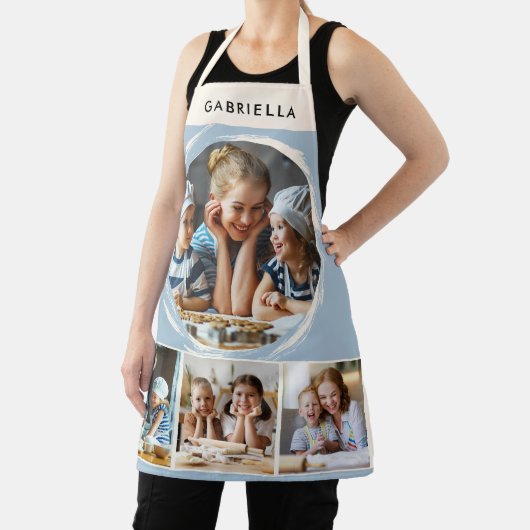 Custom Name 4 Photo Collage Elegant Blue Kitchen エプロン (インサイチュ)