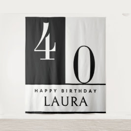Custom Name & Age Banner, Black and White Birthday タペストリー