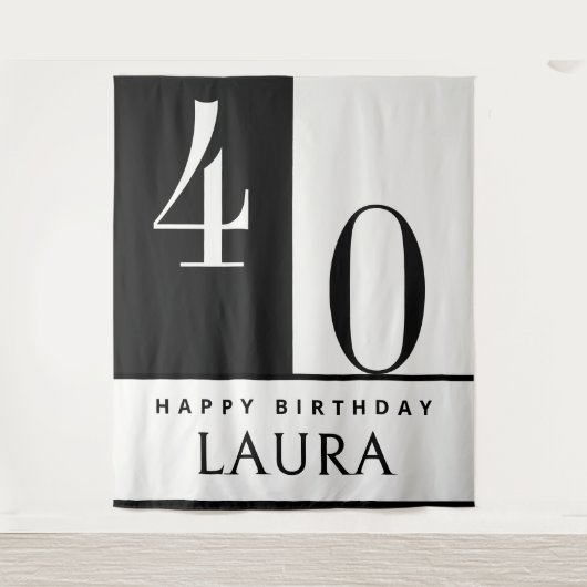 Custom Name & Age Banner, Black and White Birthday タペストリー (正面)