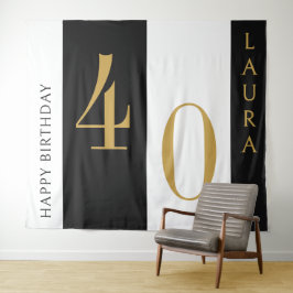 Custom Name & Age Banner Black Gold White Birthday タペストリー