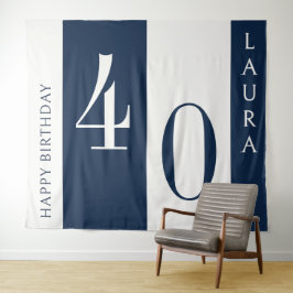 Custom Name & Age Banner, Navy and White Birthday タペストリー