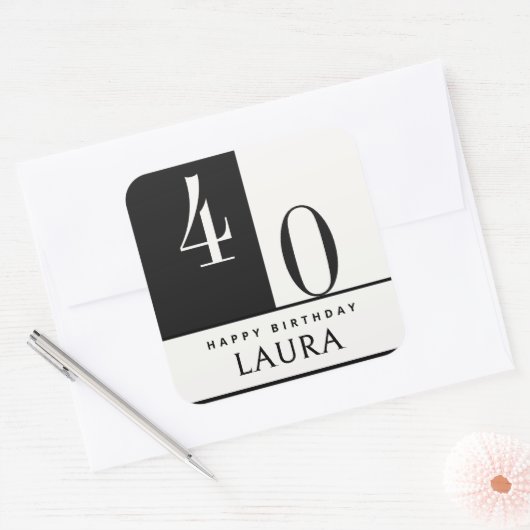 Custom Name & Age Black and White Birthday スクエアシール (封筒)