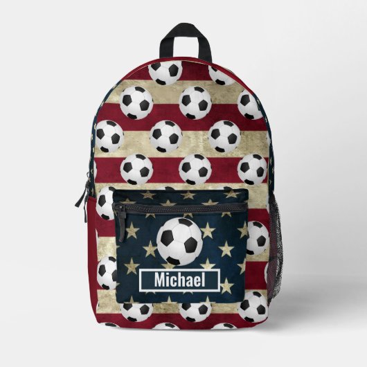 Custom Name American Flag Soccer Boys Backpack プリントバックパック (正面)