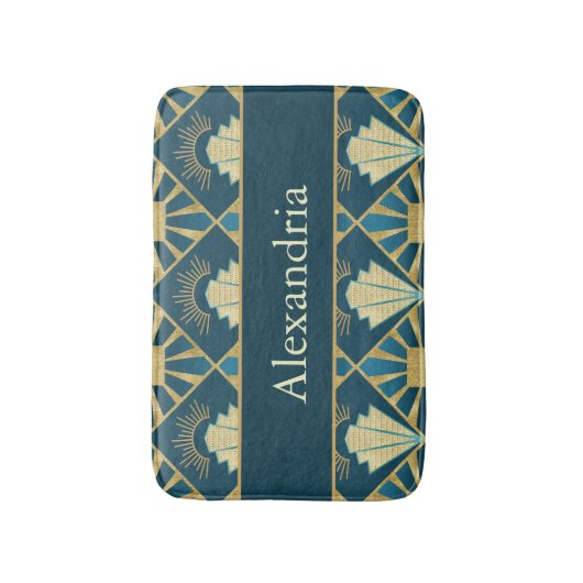Custom Name Art Deco Teal & Gold Luxe バスマット (正面縦)