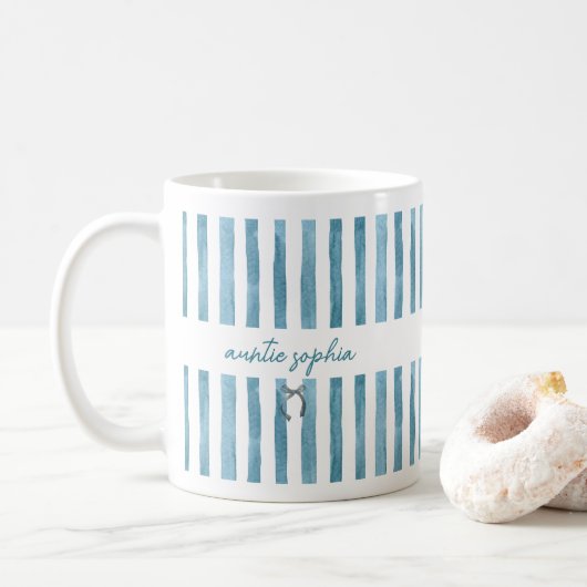 Custom Name Auntie, Watercolor Blue Stripe  コーヒーマグカップ (ドーナツ)