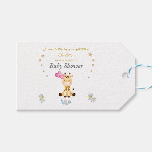 Custom Name Baby Giraffe balloons Baby Shower ギフトタグ (正面(横))