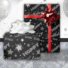 Custom Name Birthday Modern Script Stars  ラッピングペーパー